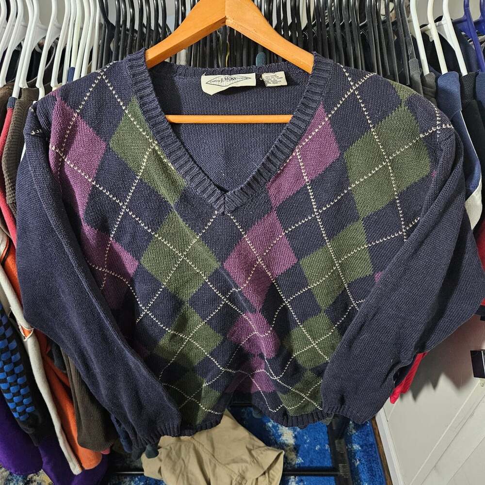 B. Moss Argyle V Neck Sweater Size M Blue Purple Green Ramie Cotton